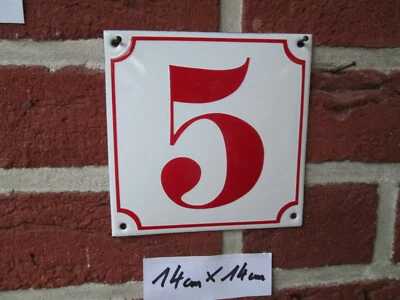 Hausnummer Emaille Nr. 5 rote Zahl auf weißem Hintergrund 14 cm x 14 cm  - Image 1 of 4