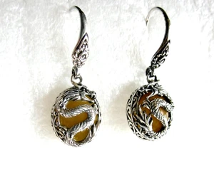 Silver Dragon & Honey Jade Earrings / 925 Sterling Silver / 1.5 inches long - Picture 1 of 4