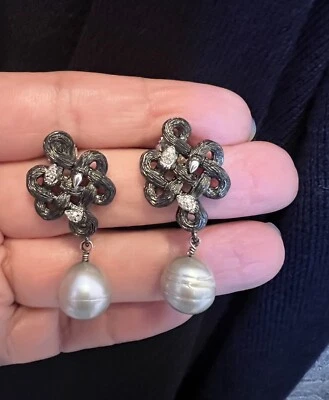 Pendientes colgantes QVC Dweck diamantes 1/10 quilates diamantes reales perlas cultivadas $962 Foto 1 de 4