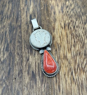 Navajo Handmade Sterling Silver Red Spiny Oyster Shell Liberty Dime Coin Pendant - Image 1 of 3