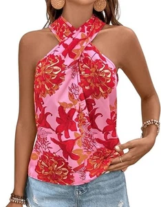 Shein Pink Orange Floral Halter neck Back Tie Top Size Medium - Picture 1 of 5