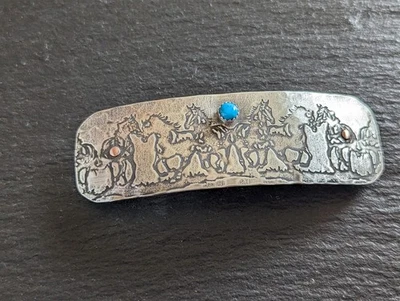 Wild horses sterling silver Hair Barrette - Hair clip with Turquoise - Image 1 of 4