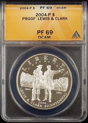2004 P Proof Lewis and Clark Silver Dollar, ANACS PF 69 DCAM! NO RESERVE! - Image 1 of 4