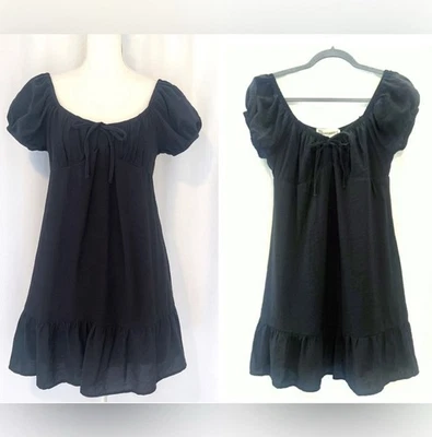 Y2K No Boundaries Milkmaid Babydoll Dress Womens Medium Black Puff Sleeves VTG - Image 1 of 4