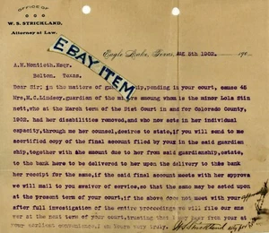 1902 EAGLE LAKE TEXAS letterhead W. S. STRICKLAND attorney at LAW Lola Stinnett - Picture 1 of 1