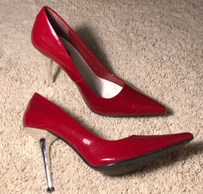 Вкусный красный лакированная кожа остроконечные пальцы серебряные каблуки 6 М - Изображение 1 из 4