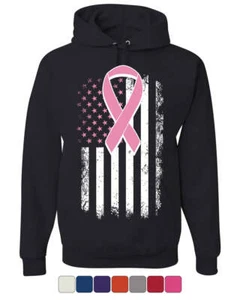 Pink Ribbon Distressed Flag Hoodie Breast Cancer Awareness Sweatshirt - Picture 1 of 8