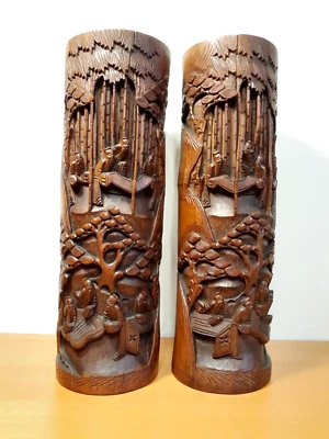 Pair Of Antique Chinese Carved Bamboo Brush Holders Circa 1900's - Image 1 of 4
