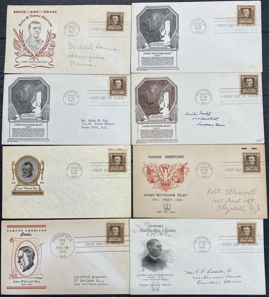 #868 James Whitcomb Riley Famous American lot of 8 Mixed cachet First Day covers - Image 1 of 1