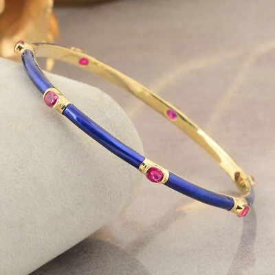 2.05 Ct Ruby Gemstone Bangle Bracelet 14k Yellow Gold Blue Enamel Jewelry Gift - Image 1 of 4