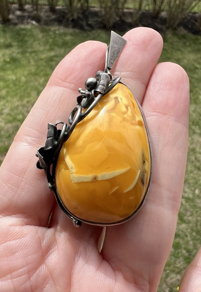 ANTIQUE VINTAGE ART DECO EGG YOLK AMBER  STERLING SILVER 925 PENDANT  60mm Foto 1 de 1
