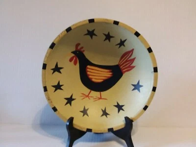 DECORATIVE WOOD AMERICANA BOWL - ROOSTER AND STARS - HAND PAINTED  - A5 - Image 1 of 4