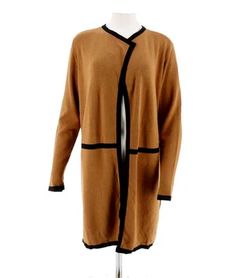 Dennis Basso Open Front Cardigan with Contrast Trim, Caramel Black, XXS - Image 1 of 4