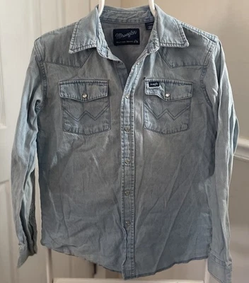 Vintage Wrangler Pearl Snap Shirt Youth XL 14-16 Light Wash Denim Western Cowboy - Image 1 of 4