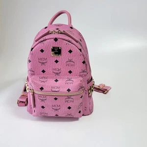 MCM Visetos Auténtico Monograma Logo Mochila Bolso de Hombro Tachuelas Mini Cuero Rosa - Imagen 1 de 13