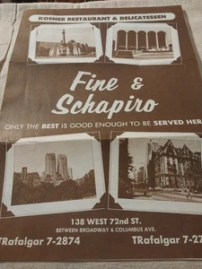 Fine & Schapiro 138 West 72nd St. (No Butter or Milk Served) Kosher Menu 1970s ? - Foto 1 di 15