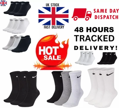 NIKE SOCKS Mens Women 3 Pairs 6 Pairs Lightweight Crew Ankle Cotton Socks Sports - Image 1 of 4