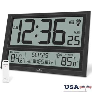 Atomuhr digital batteriebetrieben Innen Außen Temperatur große Anzeige - Bild 1 von 8