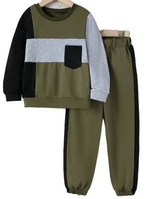 Otoño Verde Color Bloque Ligero Manga Larga Jersey Top y Pantalón Conjunto de 2 piezas, 4T Foto 1 de 3