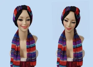 Pretty Black Chemo Cancer Hat Hair Loss.Cotton Turban, with Fancy14"X 56" Scarf - Picture 1 of 11