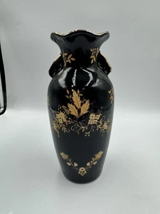 Vintage Black Vase With Gold Roses, Leaves & Flowers With Gold Trim - Picture 1 of 11