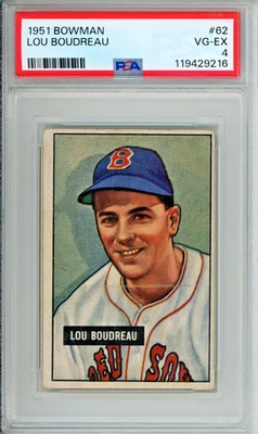 Tarjeta de béisbol 1951 Bowman Lou Boudreau, calificada en muy buen estado-ex 4, #62 en el conjunto Salón de la fama Foto 1 de 3