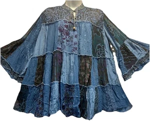 Nw FUNKY STUFF patch boho tiered babydoll sheer chiffon viscose TOP L Free shipp - Picture 1 of 5