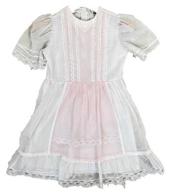 Vintage 80s White Pink Lace Dress Mike's Girls Kids Wedding Tea Party Event Sz 8 - Image 1 of 4