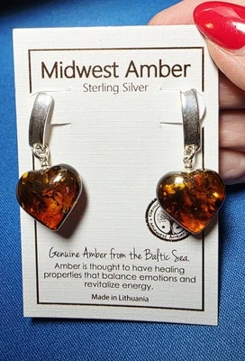 Midwest Amber Sterling Silver Genuine Amber Heart Post Earrings - NEW - Image 1 of 4