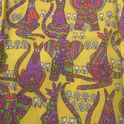 Vintage 60s 70s Insane Colorful Kangaroo Elephant Fabric 87x44” - Image 1 of 4