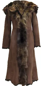 Ladies Brown Full Length Sheepskin Coat Hooded Toscana Shearling Merino Leather - Picture 1 of 6