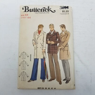 Vtg Butterick Sewing Pattern 3316 Military Double Breasted Coat Peacoat Mens 44 - Image 1 of 4