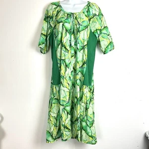 LD+CO Melbourne dress sz M 100% cotton green watercolor midi A-line arty summer. - Picture 1 of 11