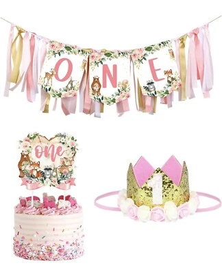 1-й день рождения украшения девочка - лес животных высокий стул баннер - Изображение 1 из 4