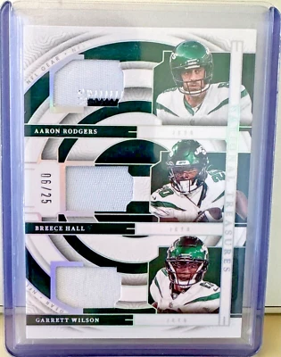 Panini N.T. 2023 Parche triple Aaron Rodgers, Breece Hall, Garrett Wilson 25/06 Foto 1 de 2