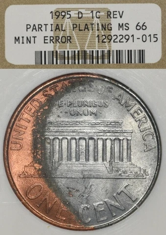 1995-D 1C NGC MS66 Crescent Partial Plating Mint Error Cover