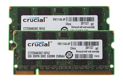 Crucial 4 GB RAM Kit 2x 2 GB 2Rx8 PC PC2-5300S SODIMM laptop Memory DDR2 667Mhz - Image 1 of 4
