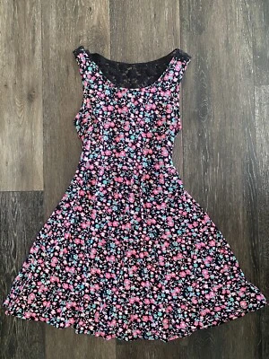 Justice Girls Size 10 Black Floral Sleeveless Dress Pink & Teal Flowers - Image 1 of 4
