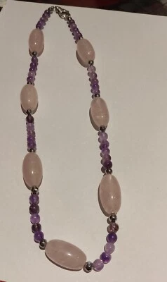 collana ametista quarzo rosa ematite 60 cm fermaglio in argento - Immagine 1 di 4