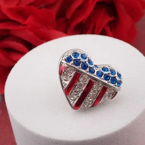 Genuine Swan Swarovski Heart Patriotic Flag Tack Pin Red Clear Blue Crystal - Picture 1 of 5