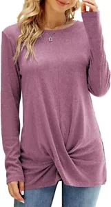 Naggoo Women's Long Sleeve Twist Front Tunic Tops Crew Neck Casual Loose Fit - Picture 1 of 4
