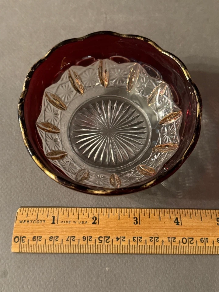 EAPG RUBY STAINED GOLD TRIM ANTIQUE GLASS TIDBIT BOWL CANDY NUT DISH ASHTRAY - Image 1 of 4