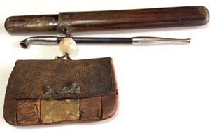 Japanese Vintage Kiseru Smoking Pipe With Pipe Holder & Tobacco Leather Pouch FS - Picture 1 of 10