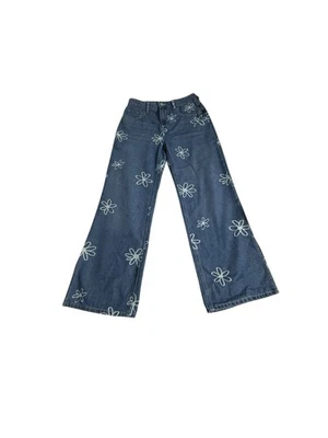 Justice Jeans Girls Sz 18 Floral Print High Rise Wide Leg Side Slit Denim Blue - Image 1 of 4