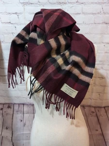 Burberry 100% Cashmere Scarf Burgundy Nova Check Plaid Made in Scotland Fringe  - Picture 1 of 8