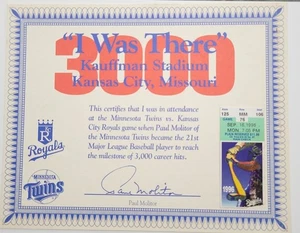 Paul Molitor 3000 Hit Certificate & Ticket Stub 1996 Sep. 16 Kansas City Royals - Bild 1 von 5