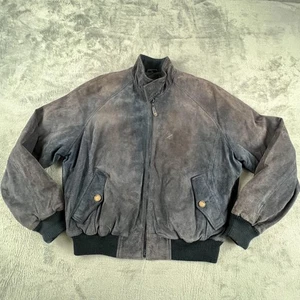 Orvis Jacket Mens Medium Blue Suede Leather Bomber Plaid Lining Zip Rib Knit - Picture 1 of 18