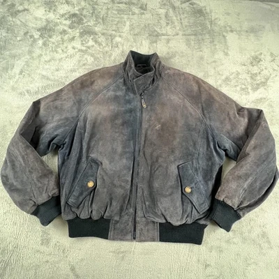 Orvis Jacket Mens Medium Blue Suede Leather Bomber Plaid Lining Zip Rib Knit - Image 1 of 4