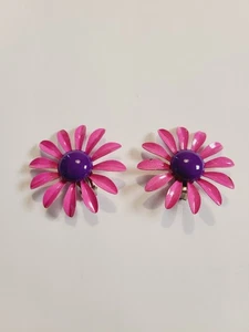 PENDIENTES CLIP FLOR ROSA CALIENTE MARGARITA HIPPIE ESMALTE COMO ESTÁ DE COLECCIÓN - Imagen 1 de 8