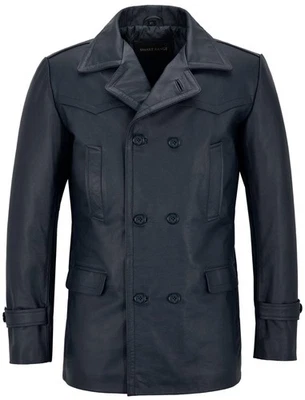 KRIEGSMARINE Mens Leather Coat German WW2 Long Jacket Navy Blue Cowhide Pea Coat - Image 1 of 4
